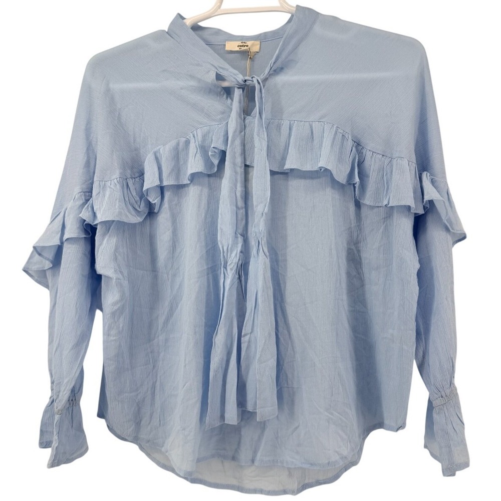 Entro Womens Small‎ NWT Blue Ruffle Tie Neck Boho Blouse Top